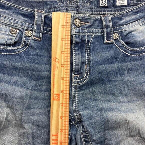 Miss Me MidRise Straight Jeans Rhinestone Destroyed Light Wash Women’s Size 29 - Picture 10 of 13